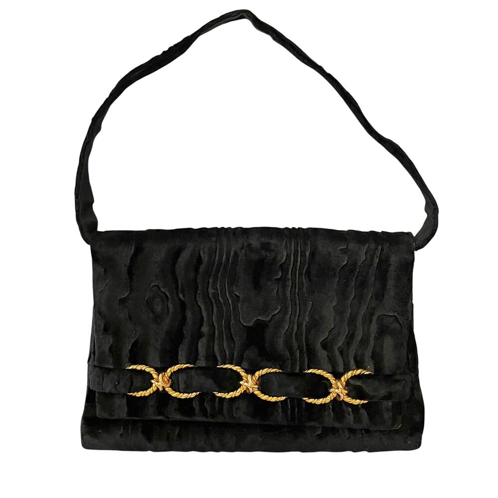 Vintage Rodo Black Moire Velvet Chain Detail Wristlet Clutch Evening Bag Handbag